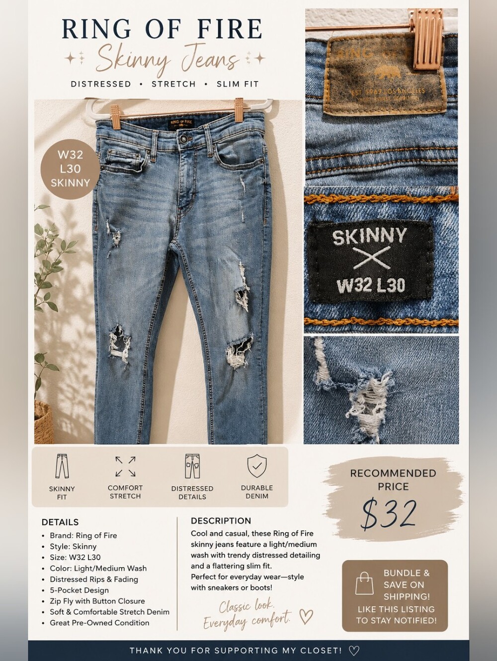 Ring of Fire Men's Distressed Skinny Jeans - Light/Medium  W32X30